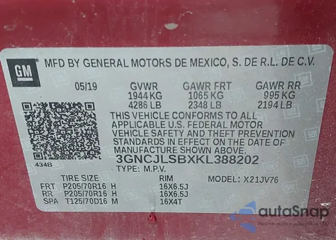 2019 Chevrolet Trax Lt from USA, damaged, VIN 3GNCJLSBXKL388202